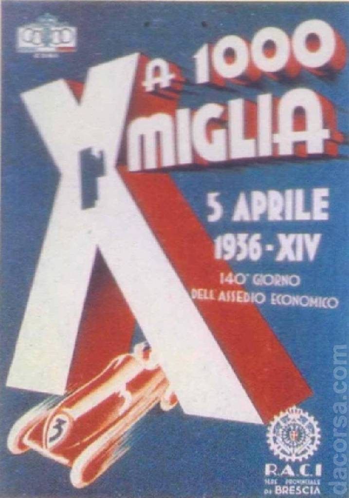 X Coppa delle Mille Miglia held on 5 - 6 April 1936 at Piazza della Vittoria in Italy with thirteen entries and results. Image for X Coppa delle Mille Miglia