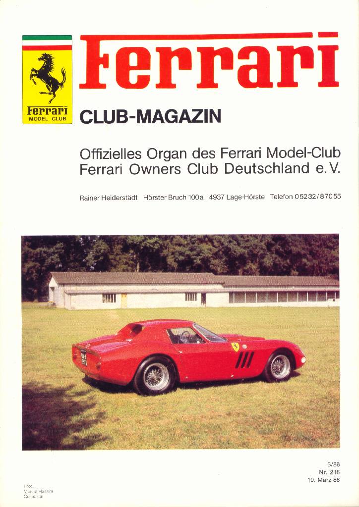 Ferrari Model Club issue 218 in german bound softcover for 19. Marz 86 (1986). Image for Ferrari Model Club issue 218
