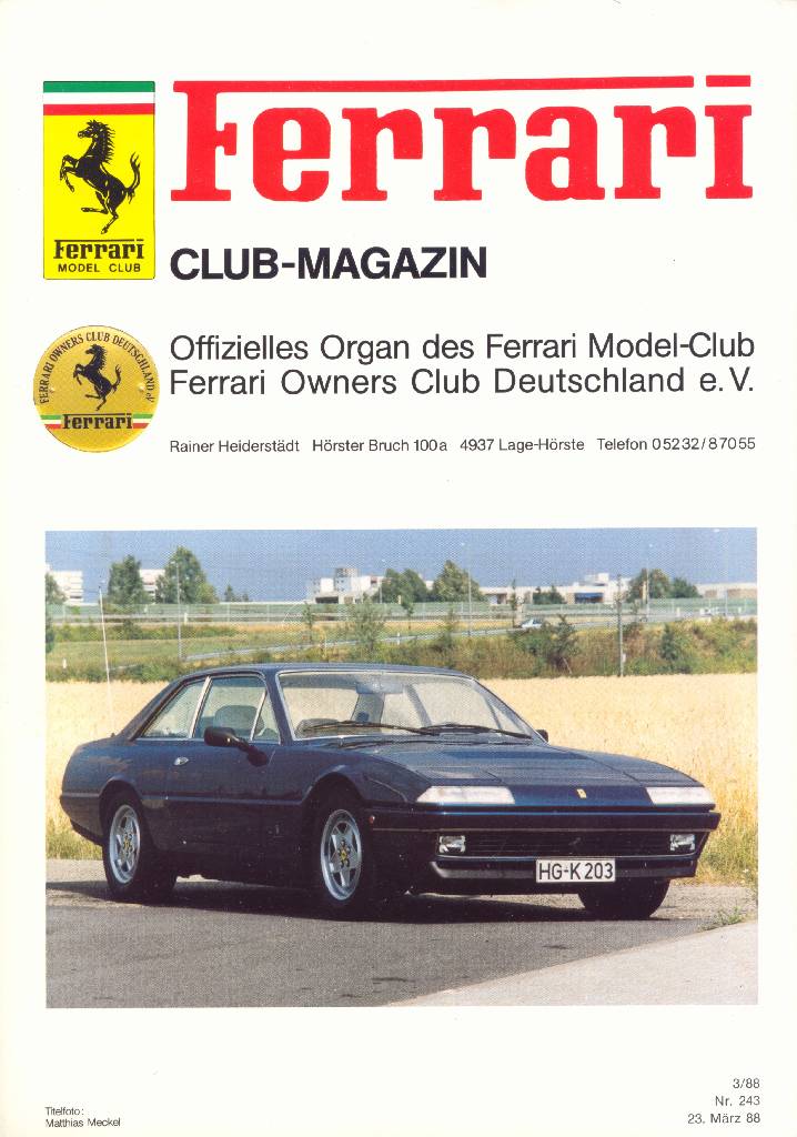 Ferrari Model Club issue 243 in german bound softcover for 23. Marz 88 (1988). Image for Ferrari Model Club issue 243