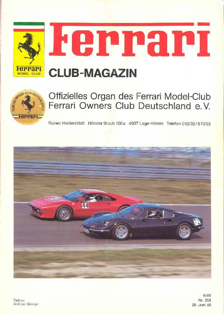 Ferrari Model Club issue 258 in german bound softcover for 28. Juni 89 (1989). Image for Ferrari Model Club issue 258