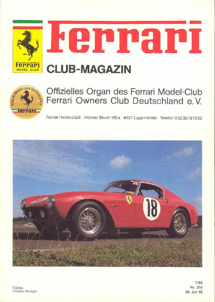 Ferrari Model Club issue 259 in german bound softcover for 26. Juli 89 (1989). Image for Ferrari Model Club issue 259