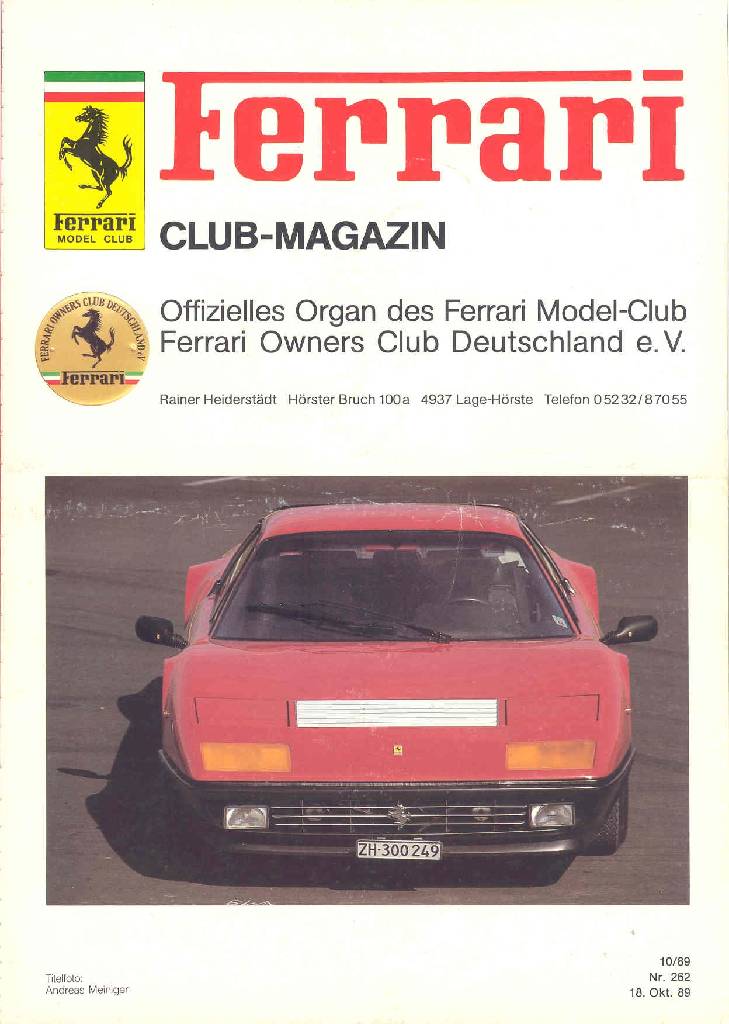Ferrari Model Club issue 262 in german bound softcover for 18. Okt. 89 (1989). Image for Ferrari Model Club issue 262