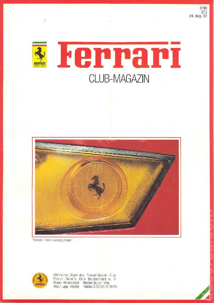 Ferrari Model Club issue 273 in german bound softcover for 24. Aug. 90 (1990). Image for Ferrari Model Club issue 273