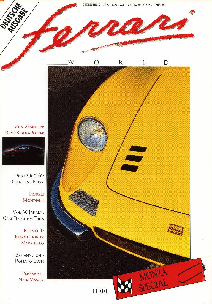 Ferrari World Deutschland issue 2 contains eighteen articles in german on 80 pages bound softcover for 1. Jahrgang (1991). Image for Ferrari World Deutschland issue 2