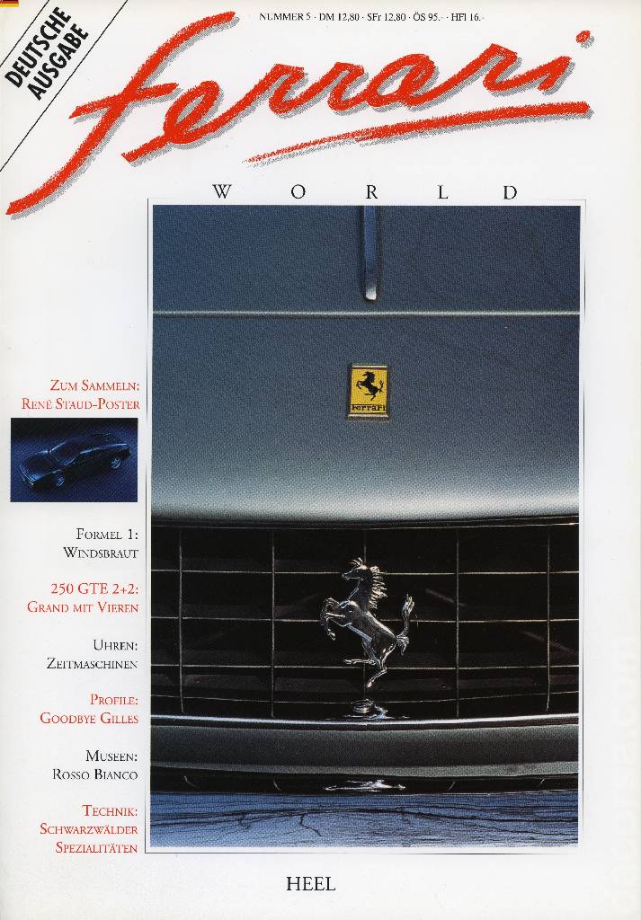 Ferrari World Deutschland issue 5 contains eighteen articles in german on 80 pages bound softcover for 1. Jahrgang (1991). Image for Ferrari World Deutschland issue 5
