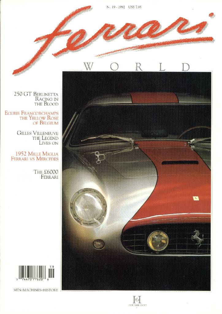Ferrari World issue 19 contains sixteen articles in english on 80 pages bound softcover for September / October 1992. Image for Ferrari World issue 19