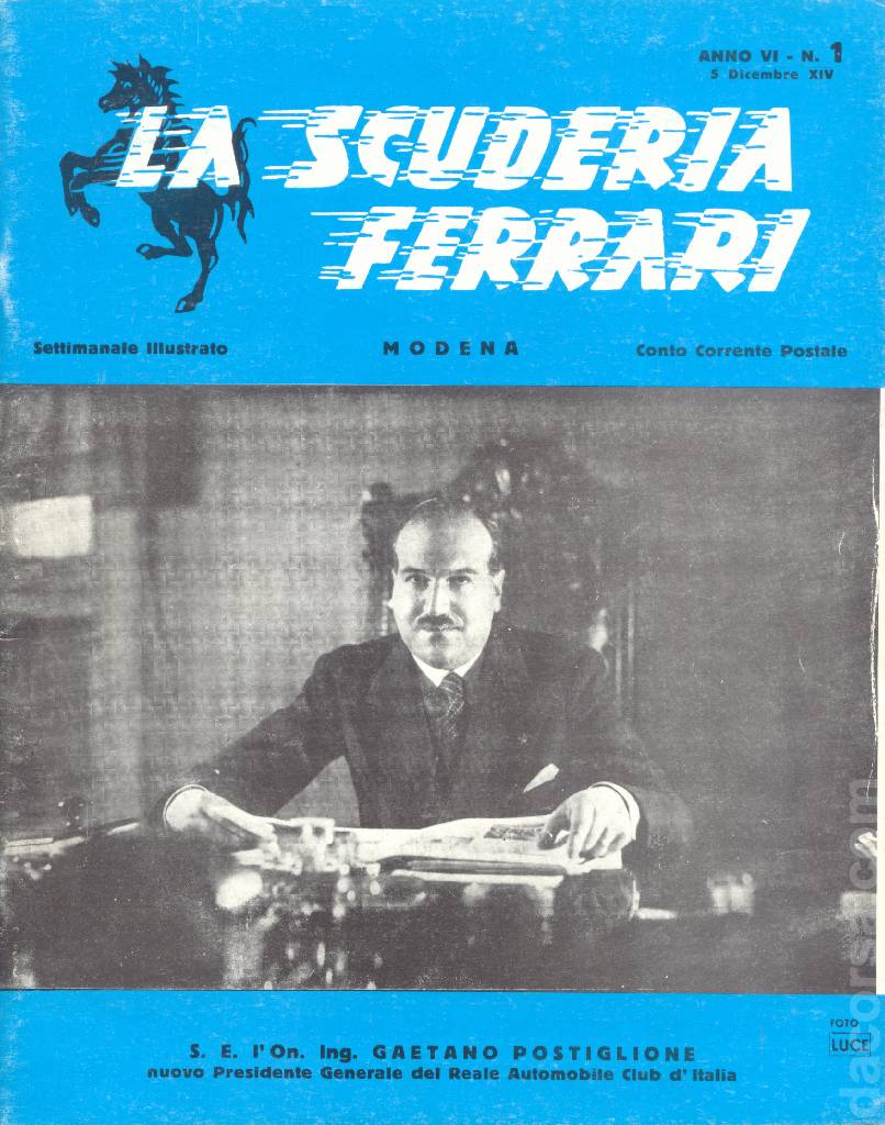 La Scuderia Ferrari issue 1 contains twenty articles in italian on 48 pages bound softcover for anno VI - 5 Dicembre 1935. Image for La Scuderia Ferrari issue 1