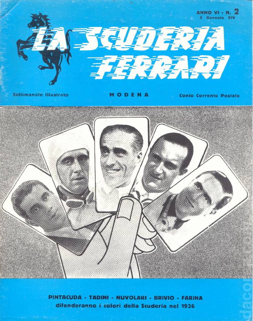La Scuderia Ferrari issue 2 contains eleven articles in italian on 16 pages bound softcover for anno VI - 2 Gennaio 1936. Image for La Scuderia Ferrari issue 2