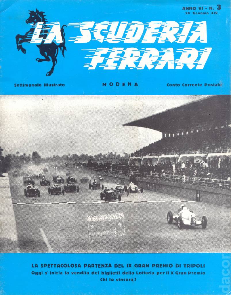 La Scuderia Ferrari issue 3 contains seven articles in italian on 12 pages bound softcover for anno VI - 20 Geannaio 1936. Image for La Scuderia Ferrari issue 3