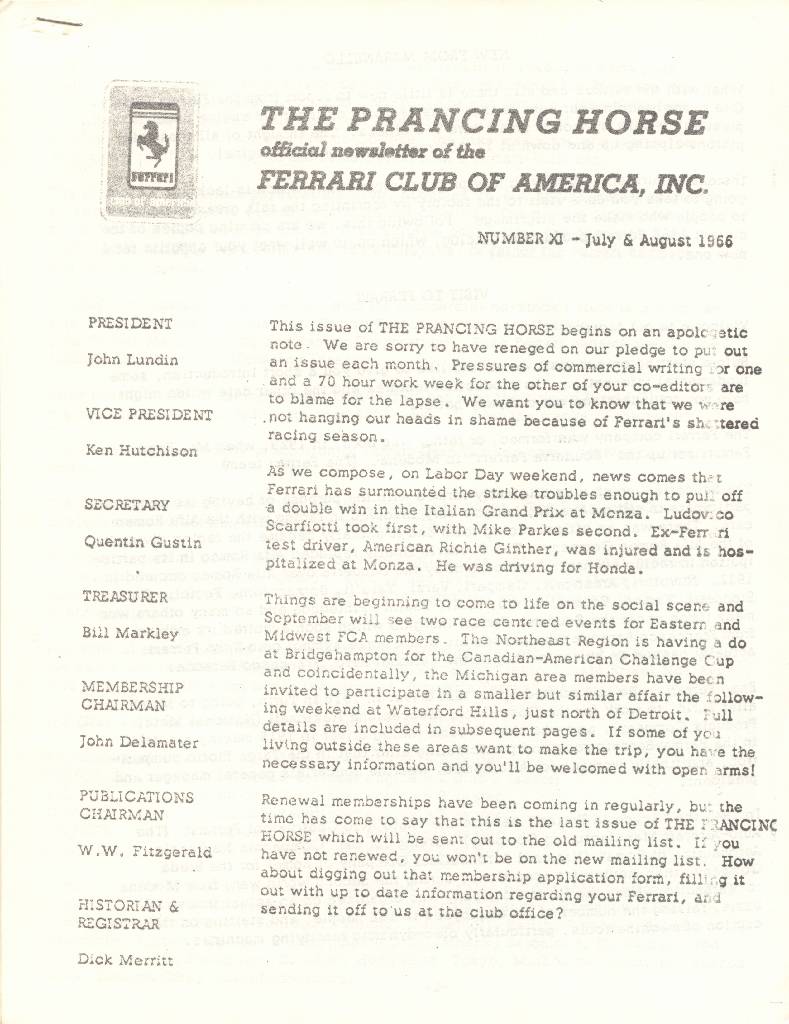 Prancing Horse issue 11 contains five articles in american english for no. XI - July 1966. Image for Prancing Horse issue 11