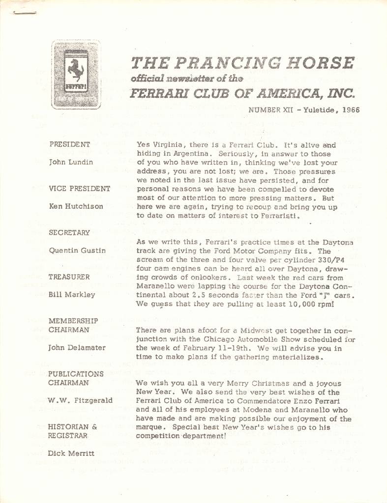 Prancing Horse issue 12 contains five articles in american english for no. XII - Yuletide 1966. Image for Prancing Horse issue 12