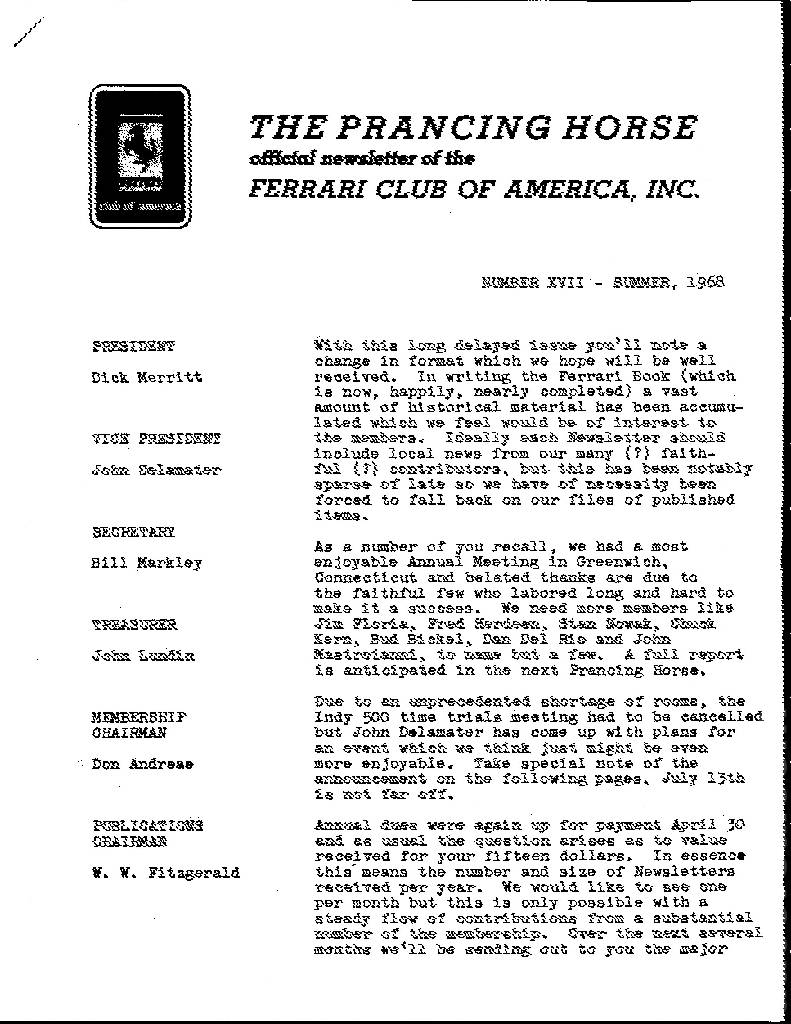 Prancing Horse issue 17 contains five articles in american english for no. XVII - Summer 1968. Image for Prancing Horse issue 17