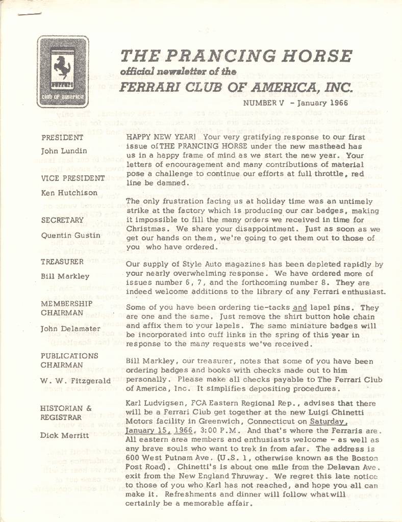 Prancing Horse issue 5 contains six articles in american english for no. V - January 1966. Image for Prancing Horse issue 5