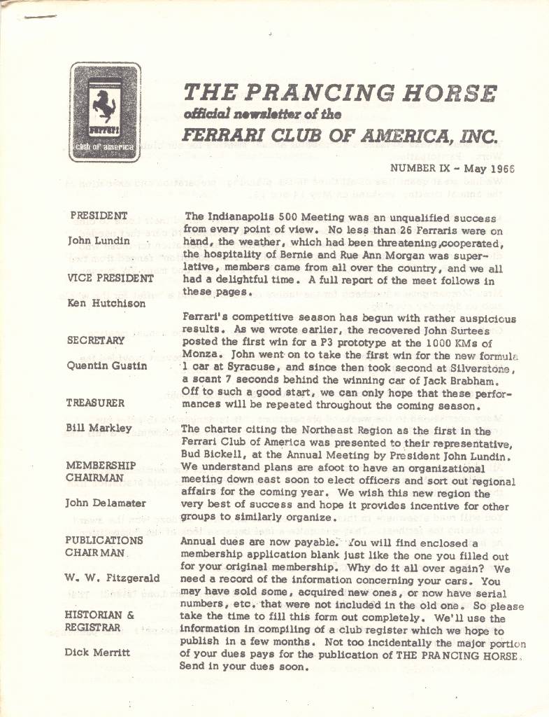Prancing Horse issue 9 contains nine articles in american english for no. IX - May 1966. Image for Prancing Horse issue 9